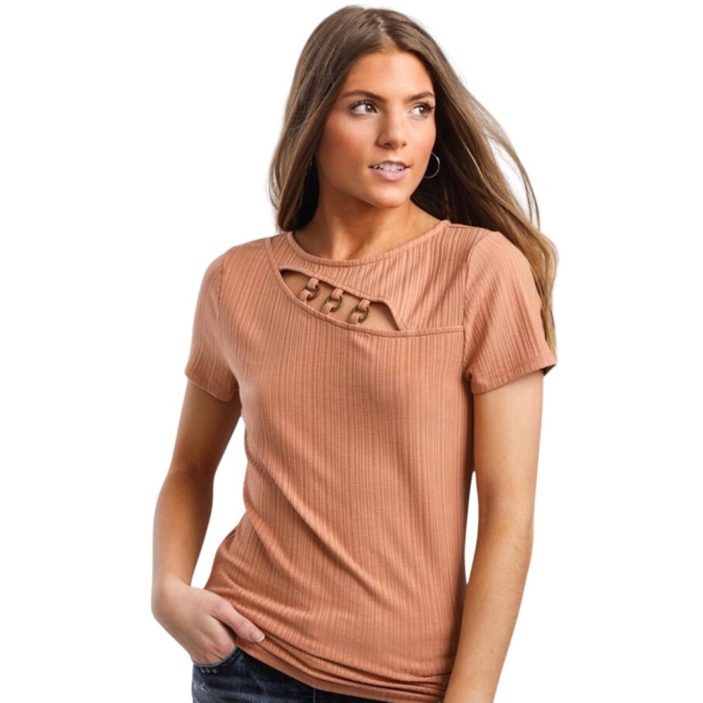 Red by BKE Top Medium Terracotta Ribbed Cutout Ring Detail Short Sleeve